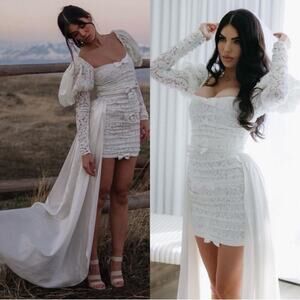 For Love & Lemons Colette Lace Long Sleeve Bow White Mini Dress with Train Sz S
